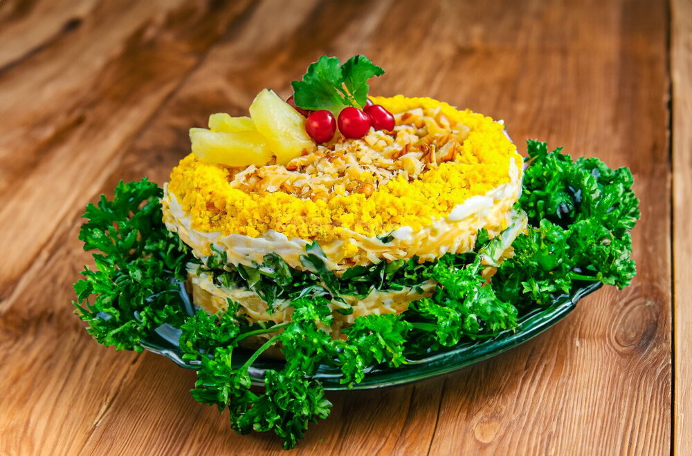 Chicken Salad with Pineapple, Cheese, Eggs, and Walnuts