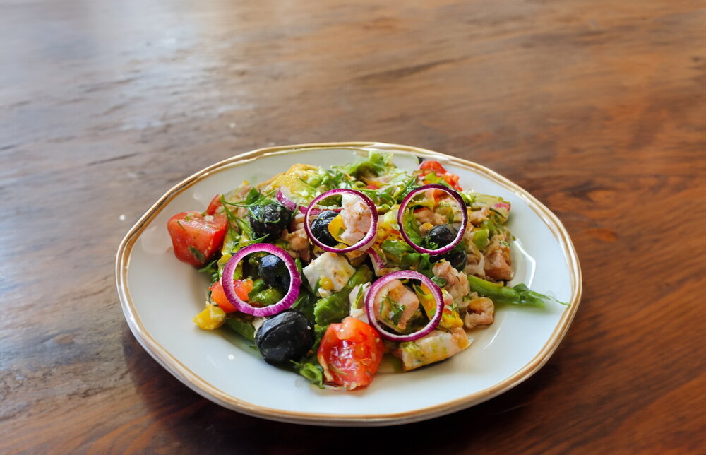 Mediterranean Salad with Tuna, Cheese, Avocado, and Olives