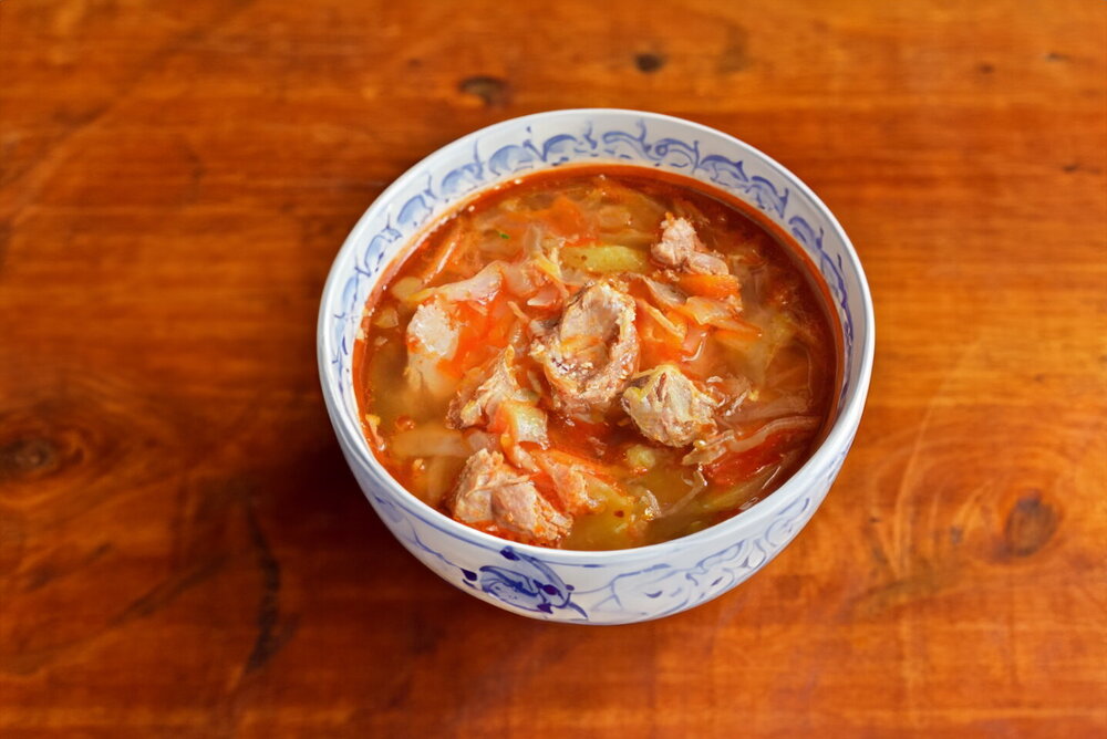 Fresh Cabbage Shchi with Canned Stewed Meat