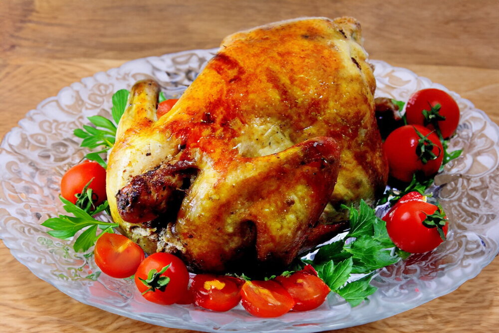 Whole Rotisserie-Style Oven Grilled Chicken on a Spit with Crispy Skin