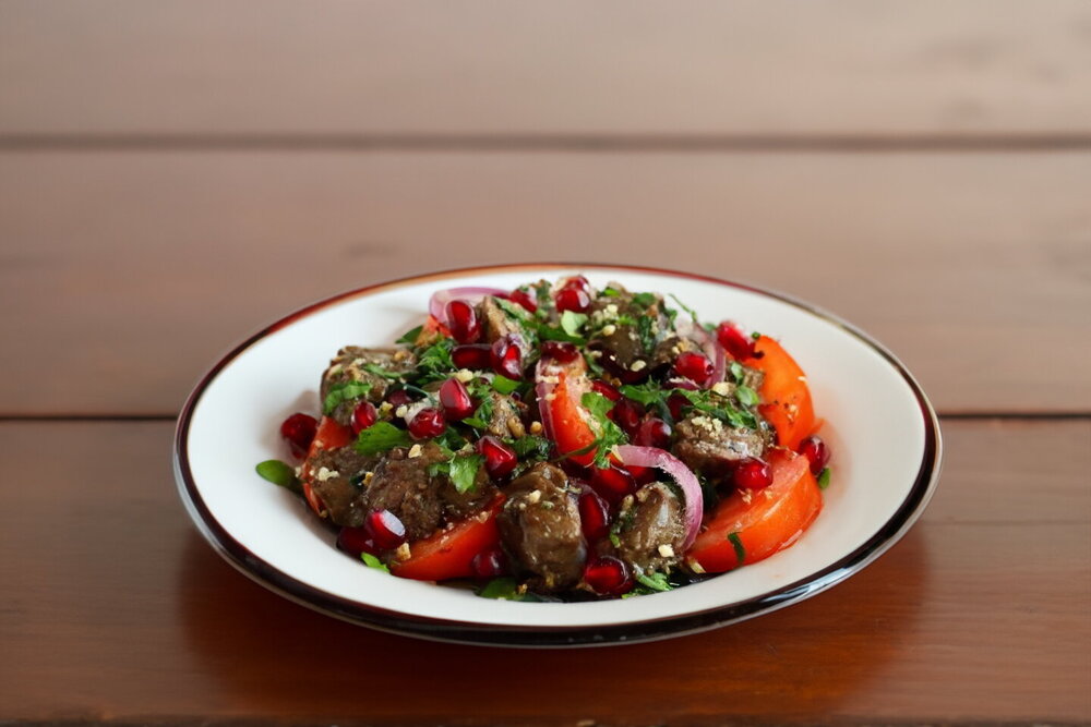 Chicken Liver Salad with Tomatoes, Walnuts, and Pomegranate