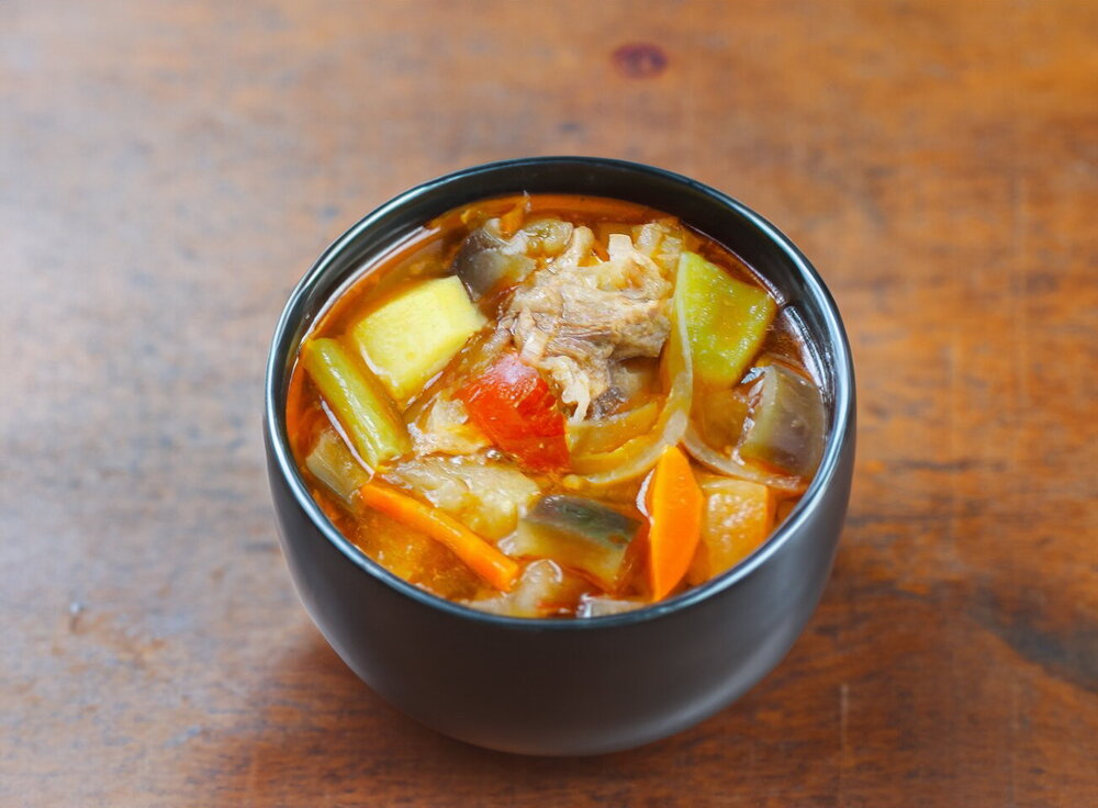 Eggplant Soup with Tomatoes, Bell Pepper, and Green Beans