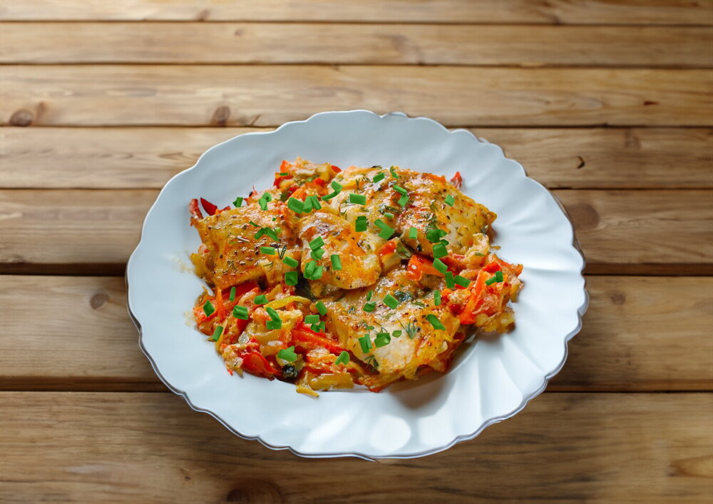 Skillet Pangasius with Vegetables and Sour Cream