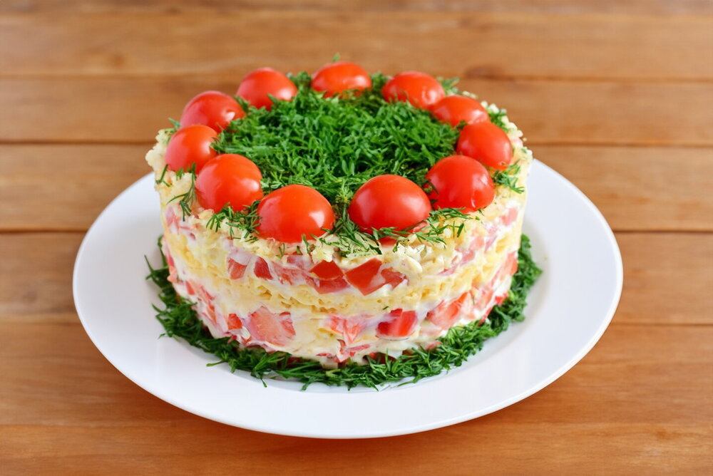 Red Sea Salad with Crab Sticks, Tomatoes, and Bell Pepper