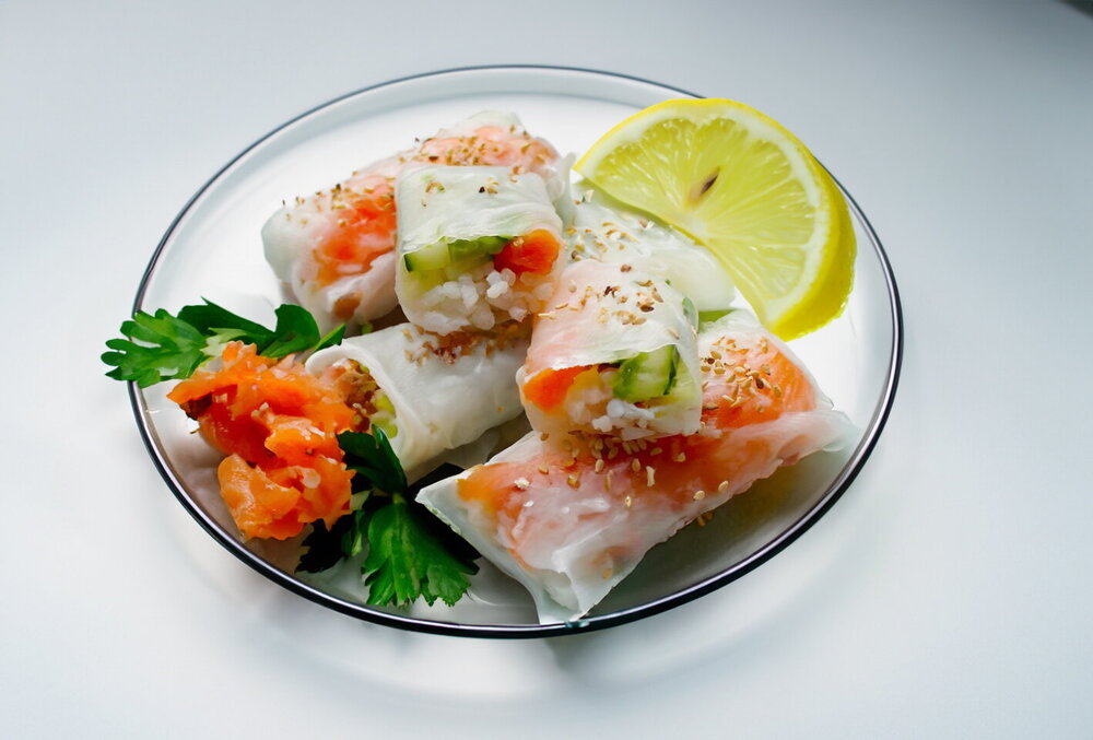 Spring Rolls with Salmon, Rice, and Avocado