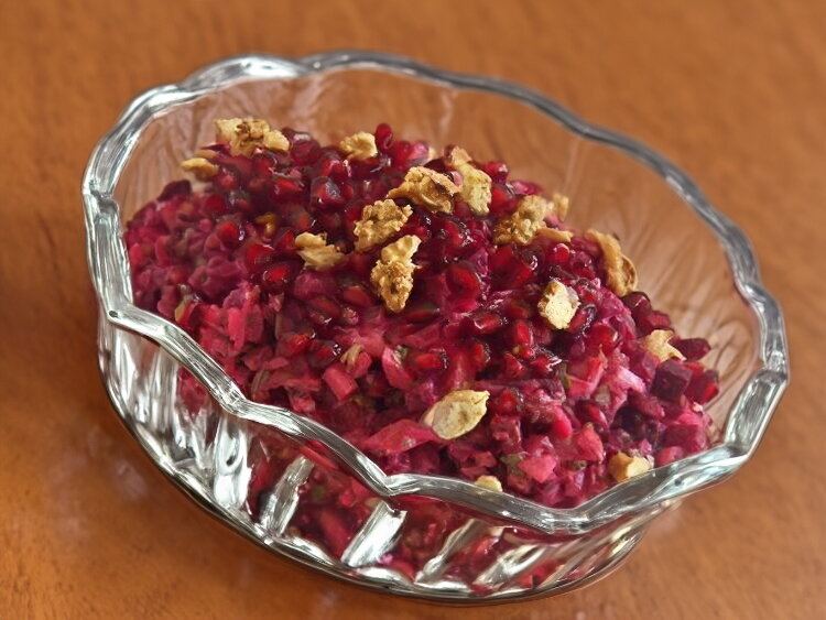 Beet Salad with Pomegranate, Garlic, and Walnuts