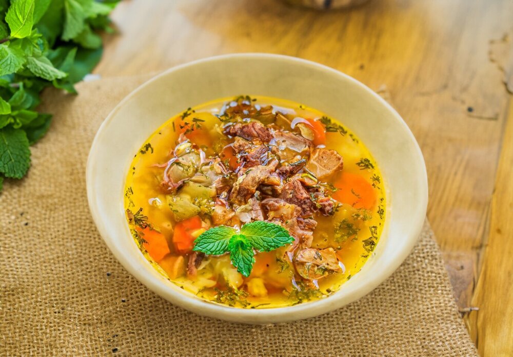 Soup with Mushrooms, Meat, and Potatoes