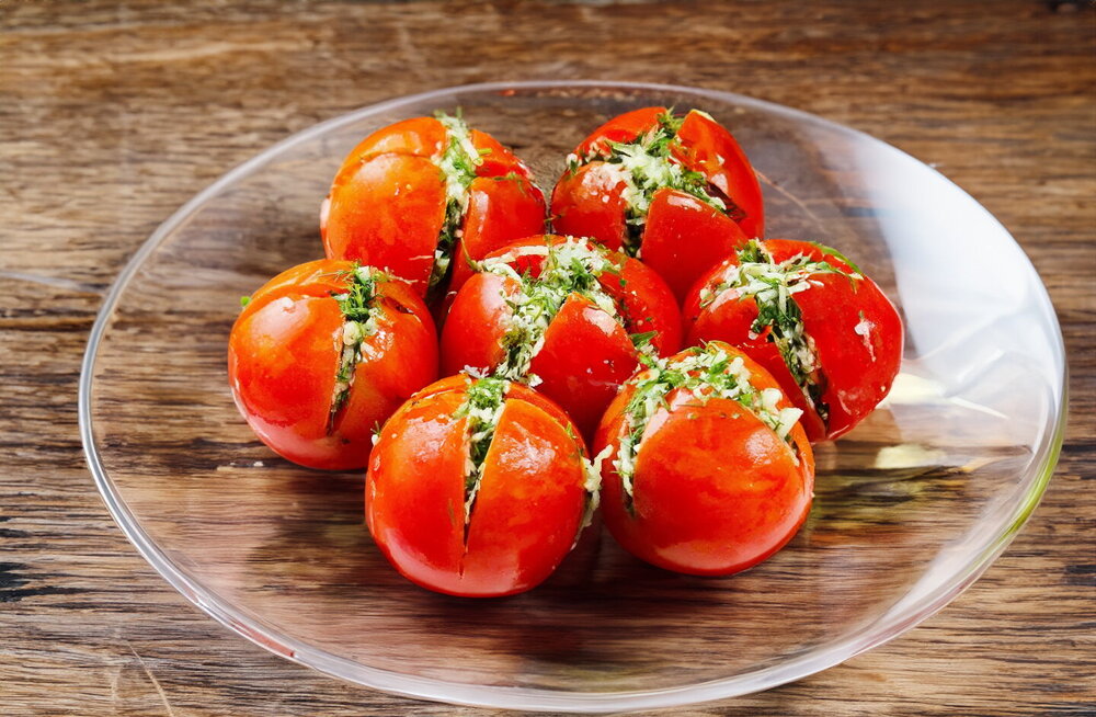 Quick Brined Tomatoes Stuffed with Herbs and Garlic