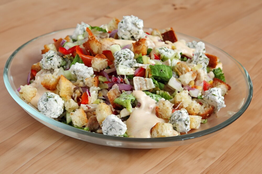 “Jealous” Salad with Chicken, Corn, Croutons & Cheese Balls