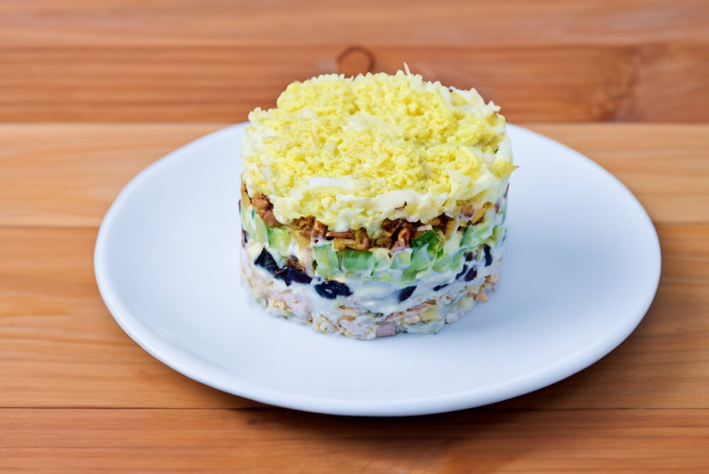 “Tenderness” Layered Salad with Chicken, Prunes & Walnuts
