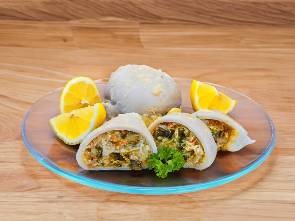 Oven-Baked Squid Stuffed with Mushrooms, Rice, and Cheese