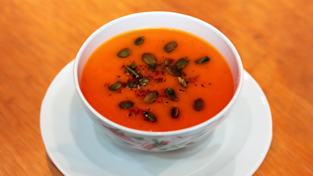 Pumpkin Cream Soup with Potatoes and Basil