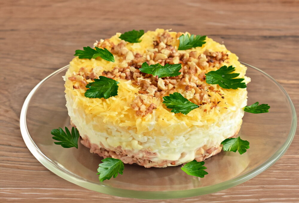 Layered Chicken, Pineapple & Cheese Salad