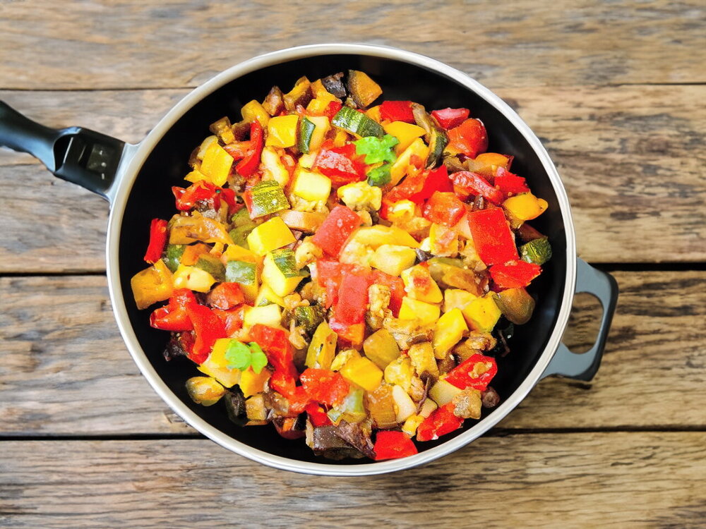 Stewed Eggplant with Vegetables in a Skillet