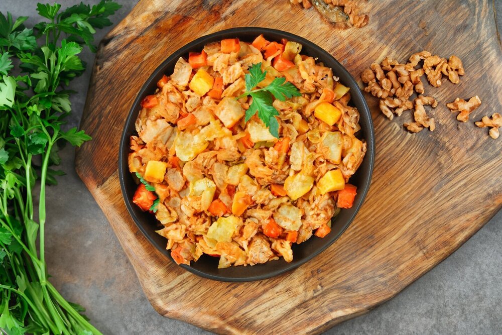 Meat with Cabbage and Potatoes in a Pan