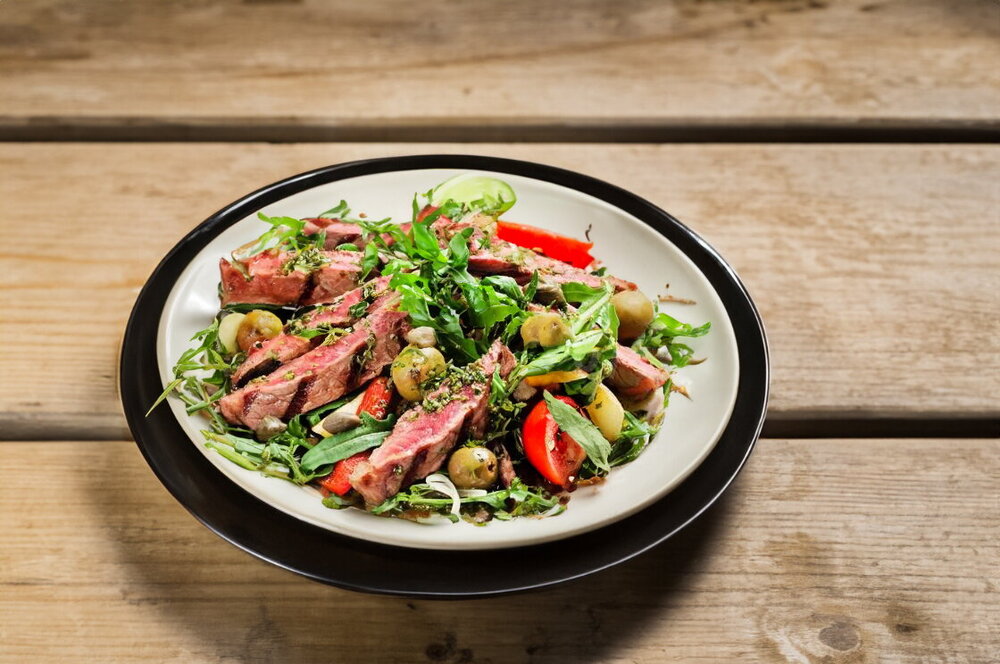 Spinach, Olive, Potato, and Beef Salad