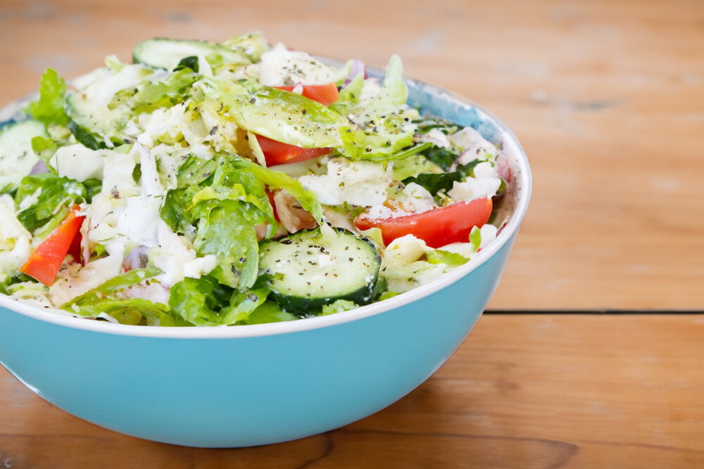 Salad with Avocado, Napa Cabbage, Cucumber, and Cheese