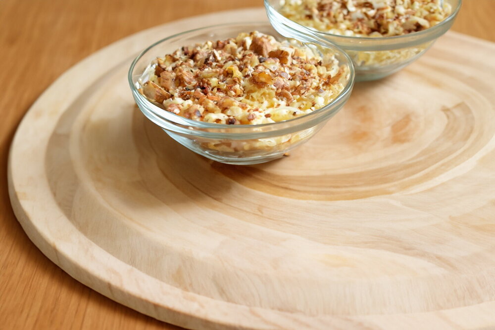 Portioned Salad with Chicken Fillet, Egg, and Cheese in Dessert Cups