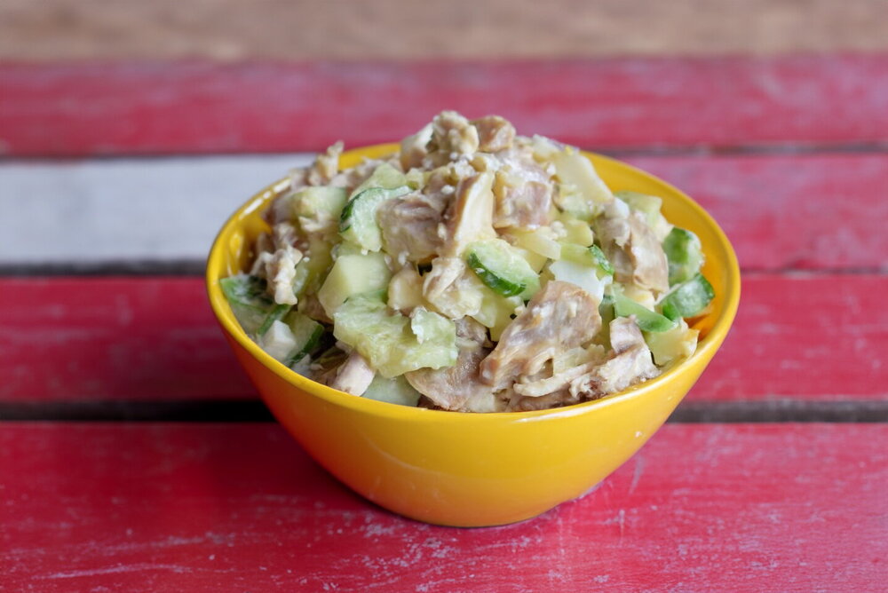 Salad with Canned Champignons, Chicken, and Cucumber