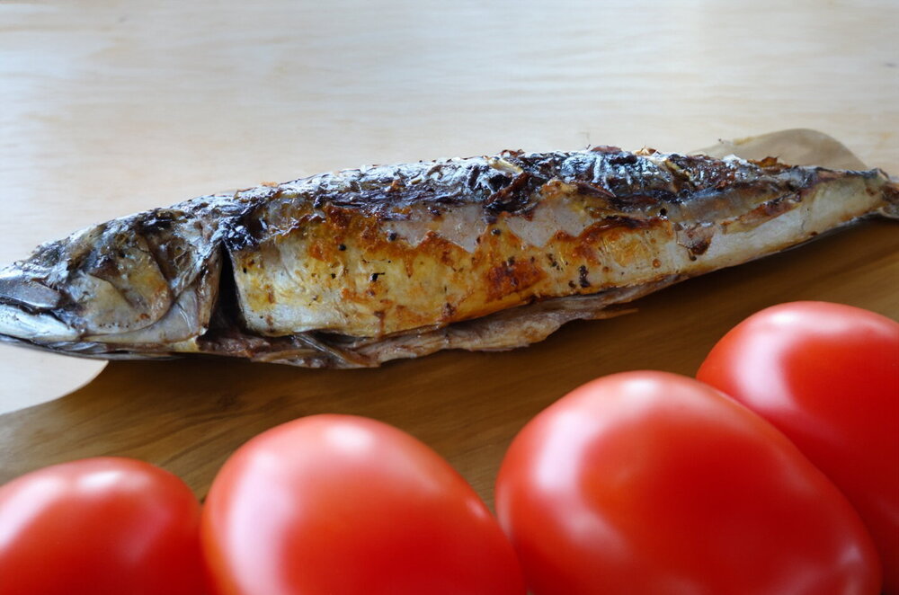 Grilled Mackerel on a Charcoal Grill Rack