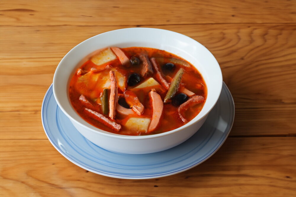 Classic Mixed Meat Soup with Potatoes, Sausage, and Pickles