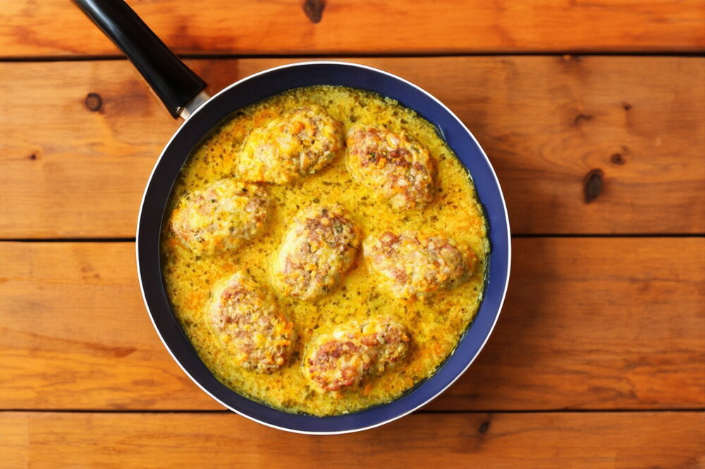 Stewed Meat Patties in a Skillet