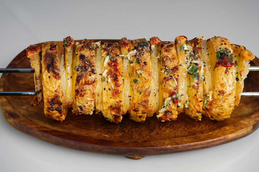 Grilled Potato and Pork Fat Skewers