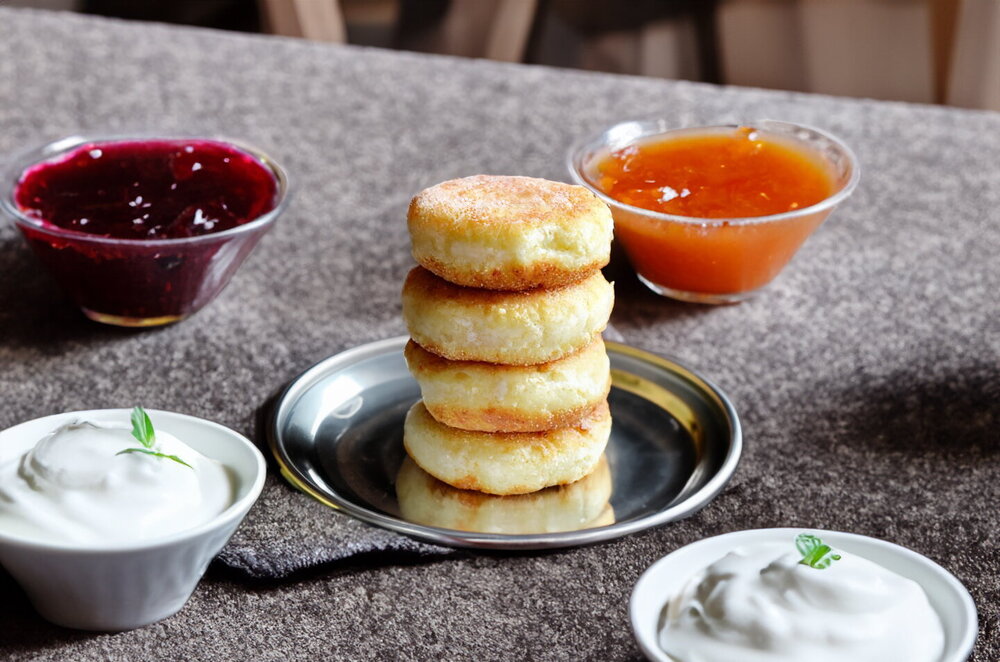Fluffy Semolina Cottage Cheese Pancakes in a Skillet