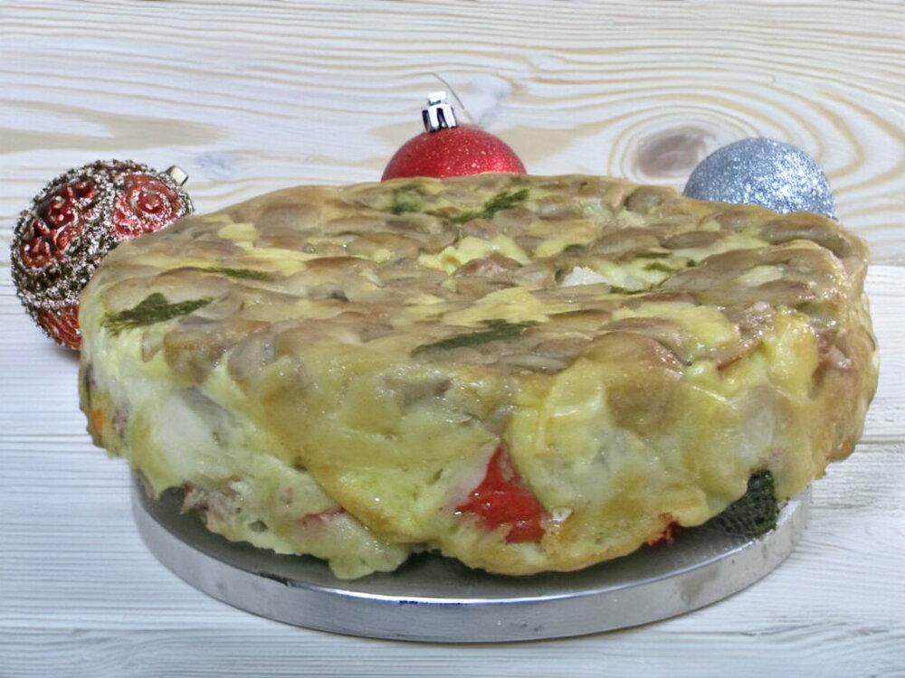 Layered Kefir Batter Pie with Meat and Mushrooms