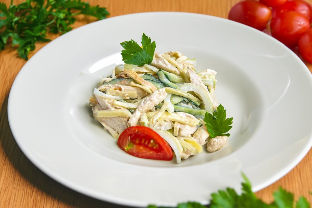 Salad with Egg Pancakes and Cucumber