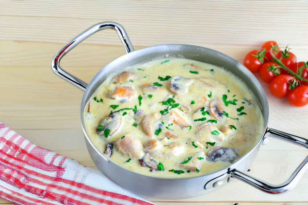 Chicken Breast with Mushrooms and Cheese in a Skillet
