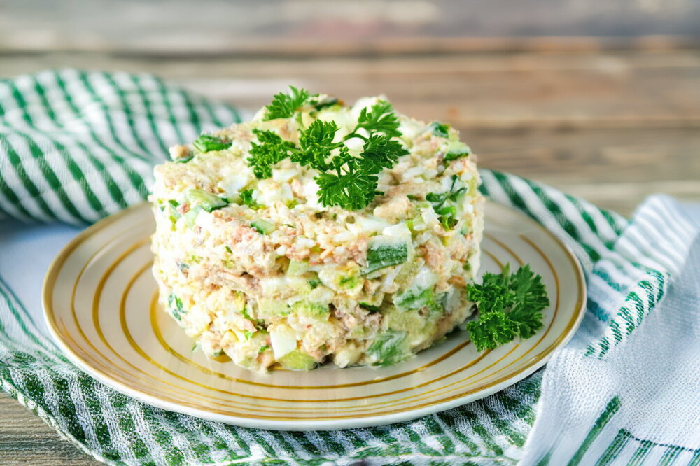 Salad with Canned Pink Salmon, Rice, and Egg