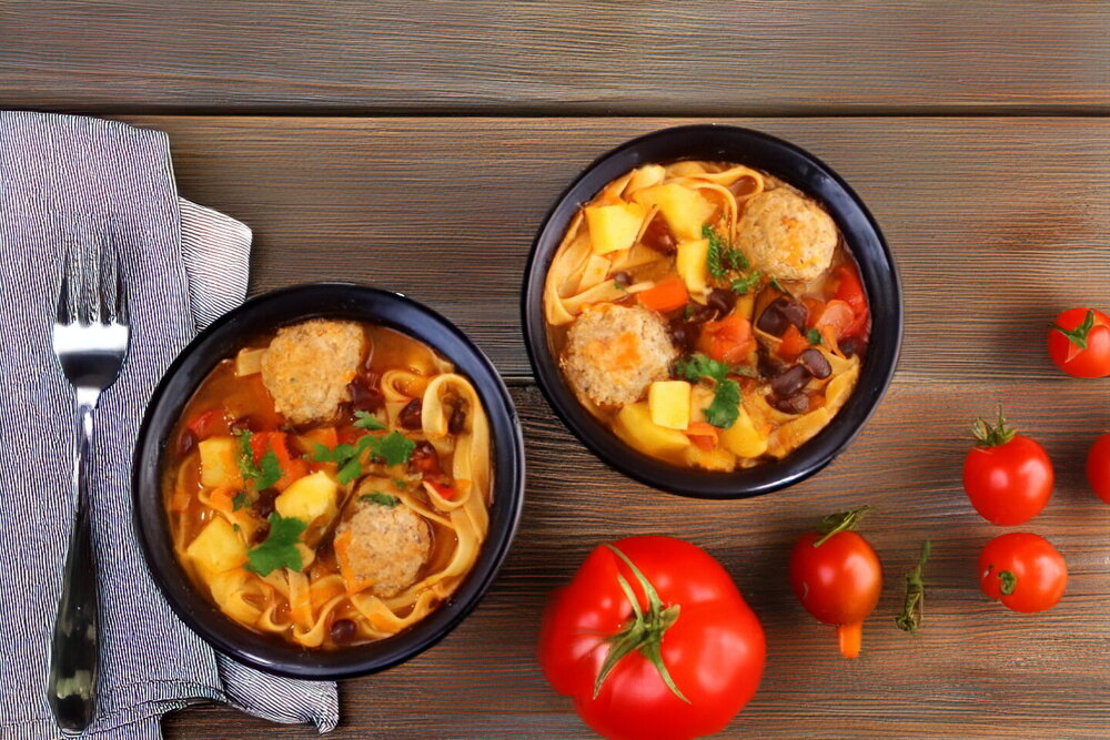 Asian Soup with Meatballs, Noodles, and Beans