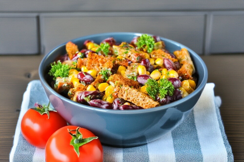 Bean and Corn Salad with Croutons