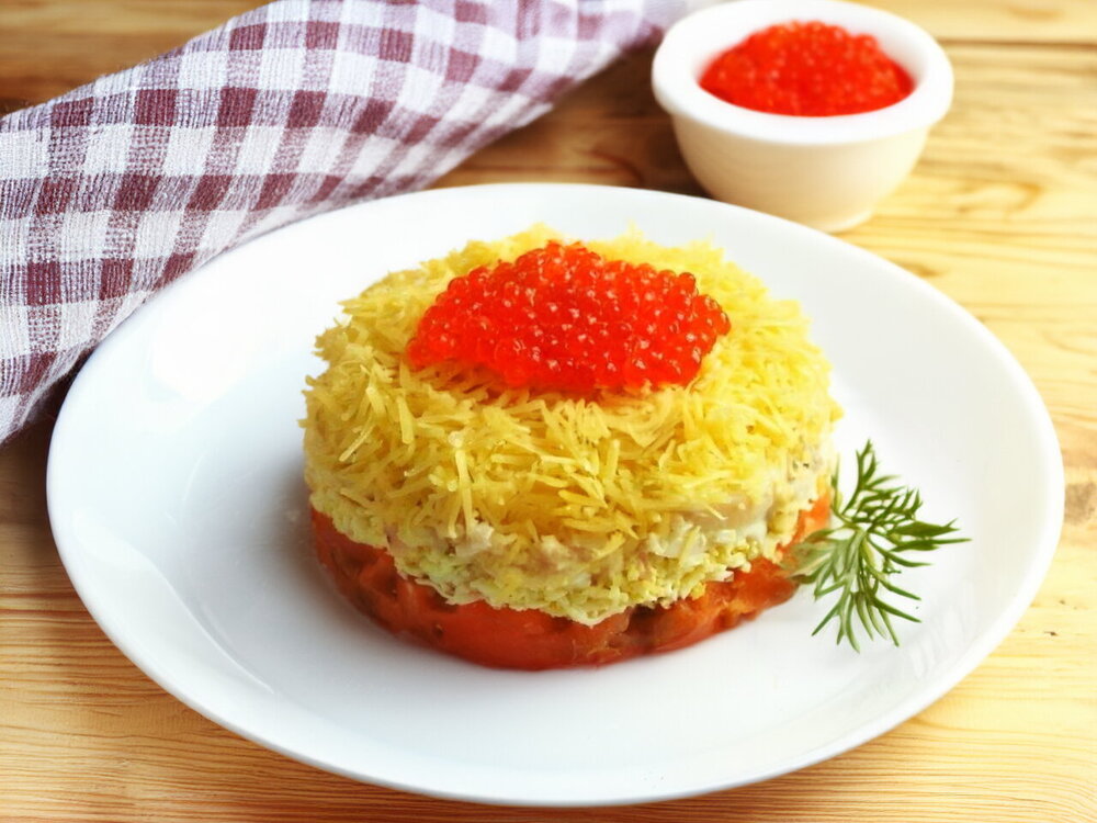 Layered Pink Salmon and Squid Salad with Parmesan