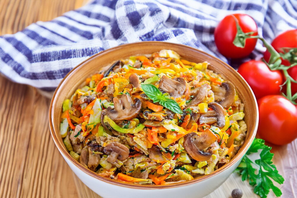 Chicken Salad with Fried Mushrooms and Onions