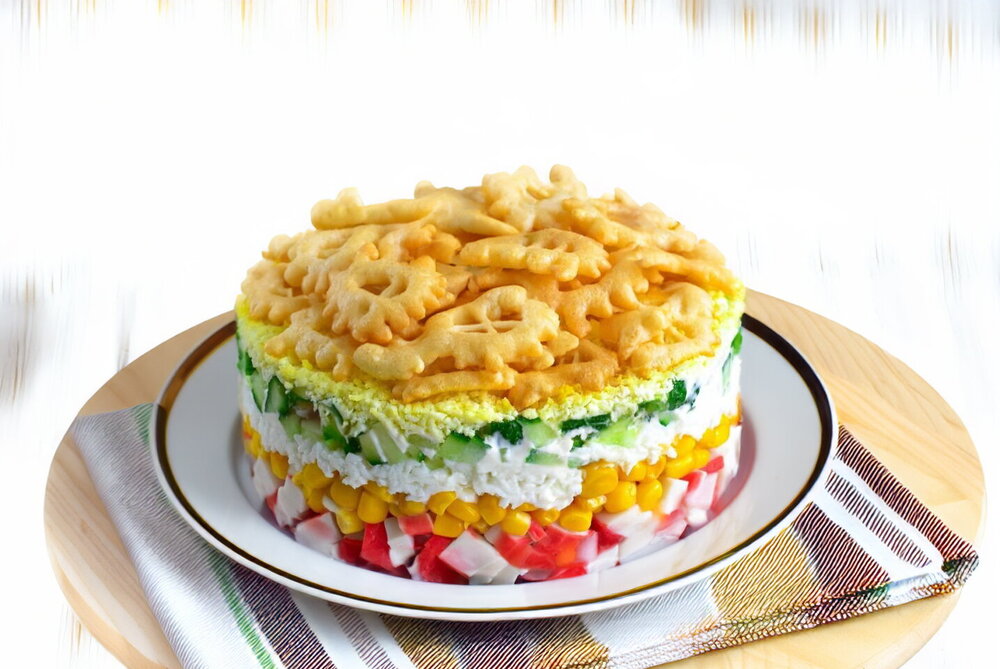 Layered Crab Stick Salad with Corn and Chips