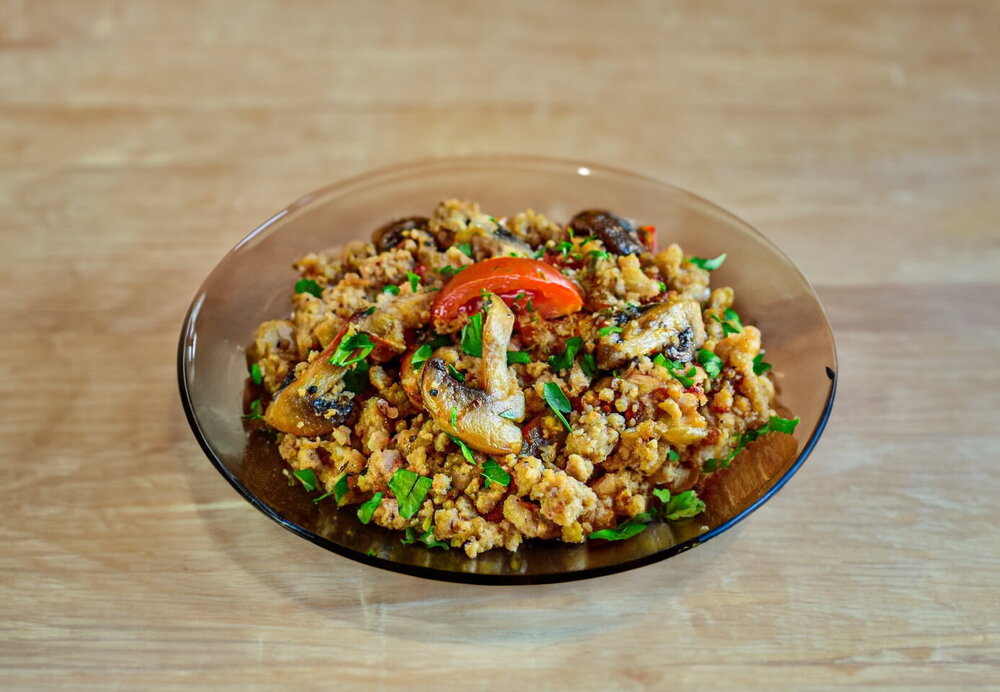 Ground Meat with Mushrooms in a Skillet