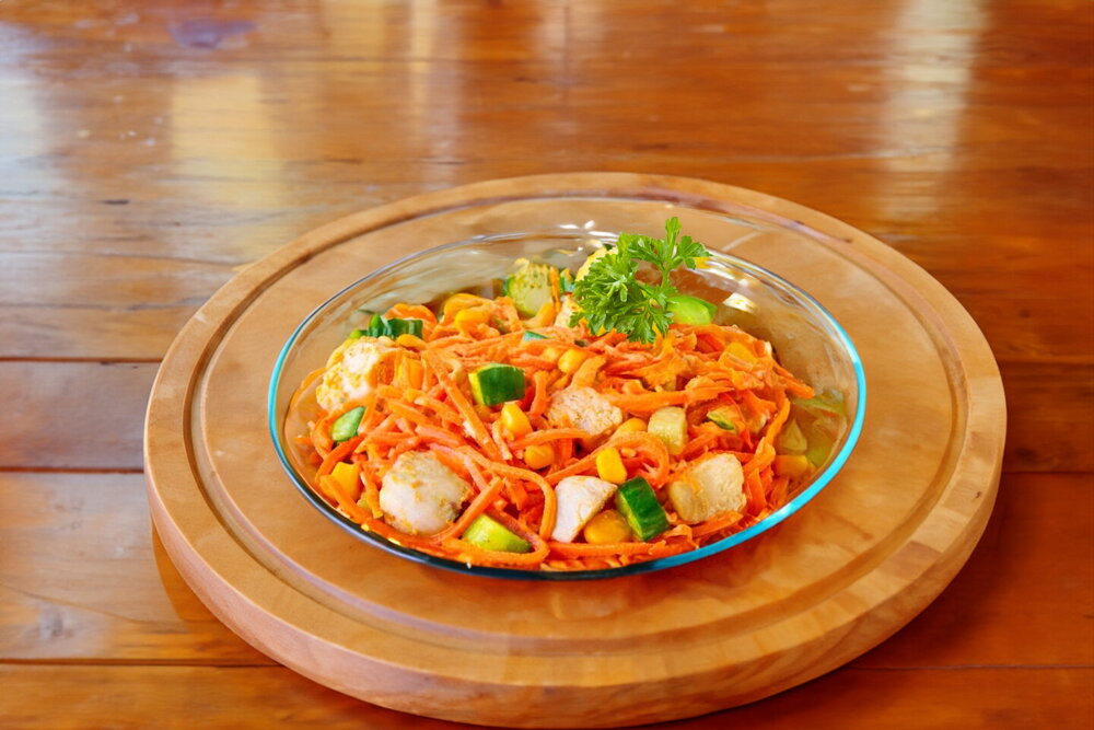 Chicken Salad with Corn, Korean-Style Carrots and Cucumber