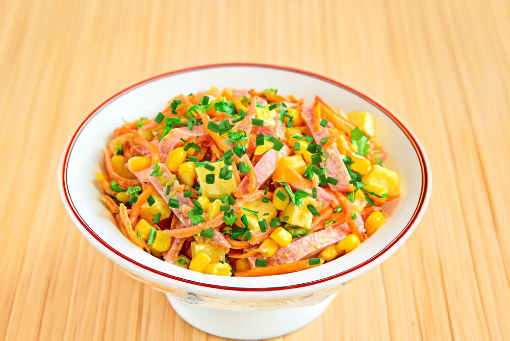 Salad with Korean-Style Carrots, Corn and Smoked Sausage