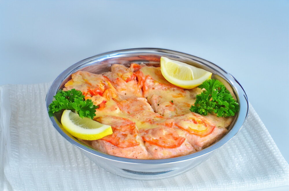 Baked Salmon or Trout with Tomatoes and Cheese