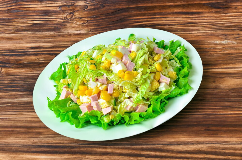 Salad with Napa Cabbage, Sausage, Cucumber, and Corn