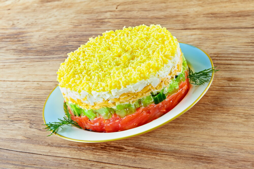 Salad with Red Fish, Cucumber, and Cheese