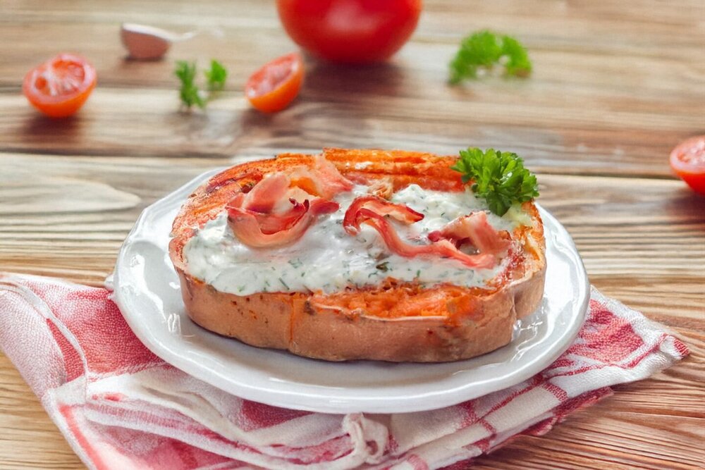 Sweet Potato with Tzatziki Sauce and Bacon