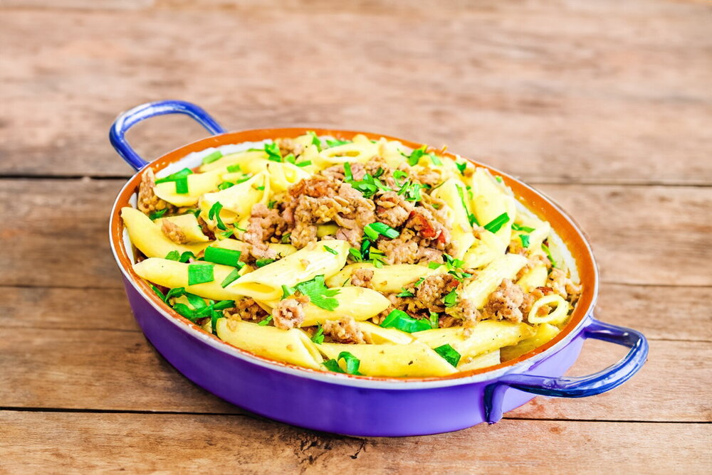 Navy-Style Pasta with Ground Meat in a Skillet