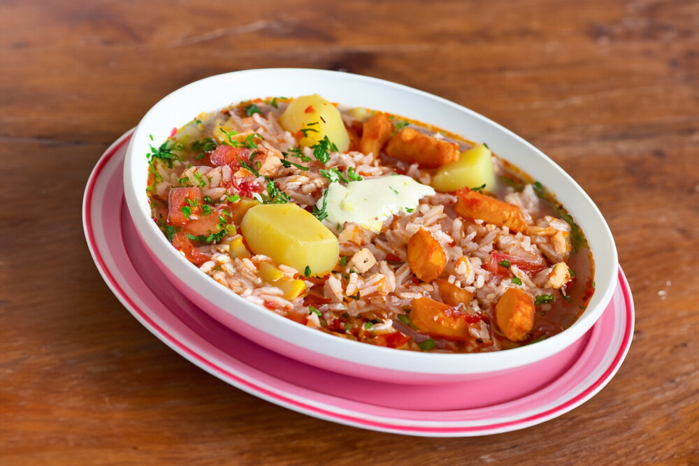 Kharcho Soup with Chicken, Rice, and Potatoes