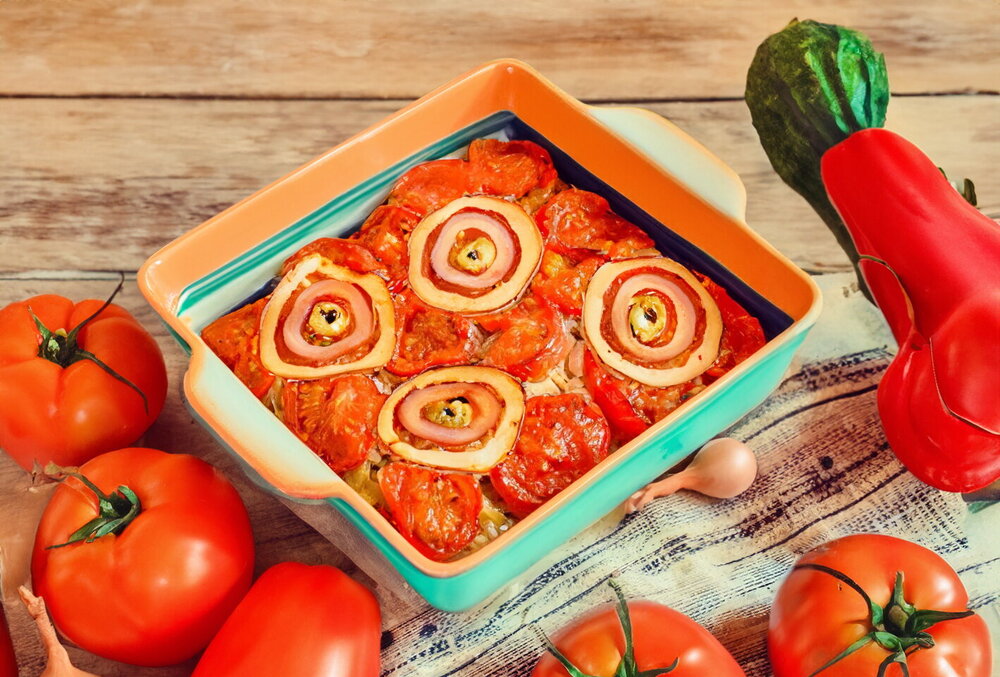 Meat with Tomatoes and Onions in the Oven